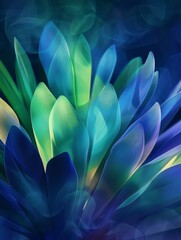 Detailed view of a blue and green flower, showcasing intricate petal patterns and vibrant colors