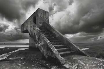 Dramatic monochrome staircase in desolate landscape, perfect for suspenseful or mysterious themes - obrazy, fototapety, plakaty