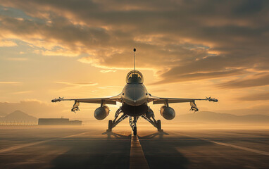 Front view of a Combat Fighter Jet on the runway at dawn - obrazy, fototapety, plakaty