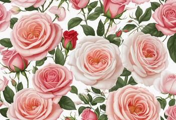 Beautiful rose flowers on white background, copy space, illustration
