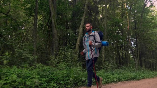 Solo Inspiring Tourist with backpack Hiking use trekking poles on Adventure Trip in Natural Woods Landscape. full length man slow motion Walking on trail in forest. Inspiring Outdoor Activities