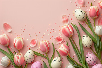 Frame made of colored Easter eggs and colorful tulip flowers on light beige background. Happy...