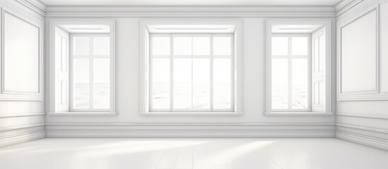 Interior rendering of a room showcasing a pristine white floor and a large window for natural light