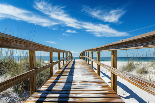 Wooden pathway leading through sand dunes to the ocean, perfect for summer travel promotions.