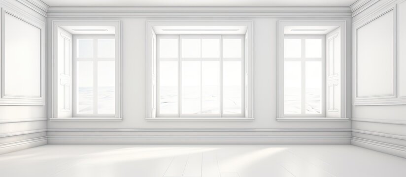 Interior rendering of a room showcasing a pristine white floor and a large window for natural light