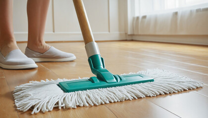 Mop cleaning a parquet floor of a brightly lit living room