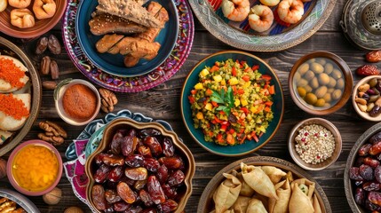 Middle Eastern traditional breakfast during Ramadan fasting (aka: Sahur or Suhoor). Date fruit for dinner or iftar. Ramadan background. Ramadan kareem.