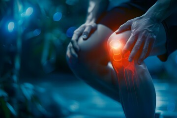 Athlete with knee injury showing signs of joint inflammation and arthritis. Concept Knee Injury, Joint Inflammation, Arthritis, Athlete Recovery, Signs and Symptoms - obrazy, fototapety, plakaty