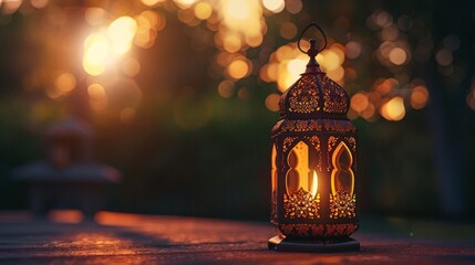 Muslim Holy Month Ramadan Kareem - Ornamental Arabic Lantern With Burning Candle Glowing At Evening --ar 16:9 Job ID: f2449925-1b37-4130-a0b0-c2242865cc2a