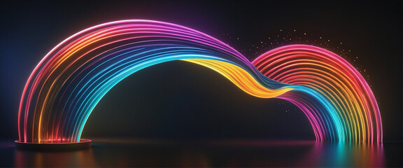 abstract 3d digital curve audio shape form with colorful neon visualization glowing light complex connecting curve line - obrazy, fototapety, plakaty