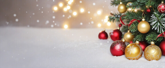 Naklejka na ściany i meble christmas festive greeting celebrate background christmas tree and beautiful decorate ornament with blur shiny lighting 