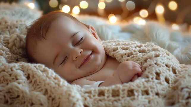 Serene Baby Bliss: A Sweet, Smiling Baby Lying Comfortably in a Cozy, Hand-Knit Blanket, the Soft Lighting Highlighting the Peaceful Expression 
