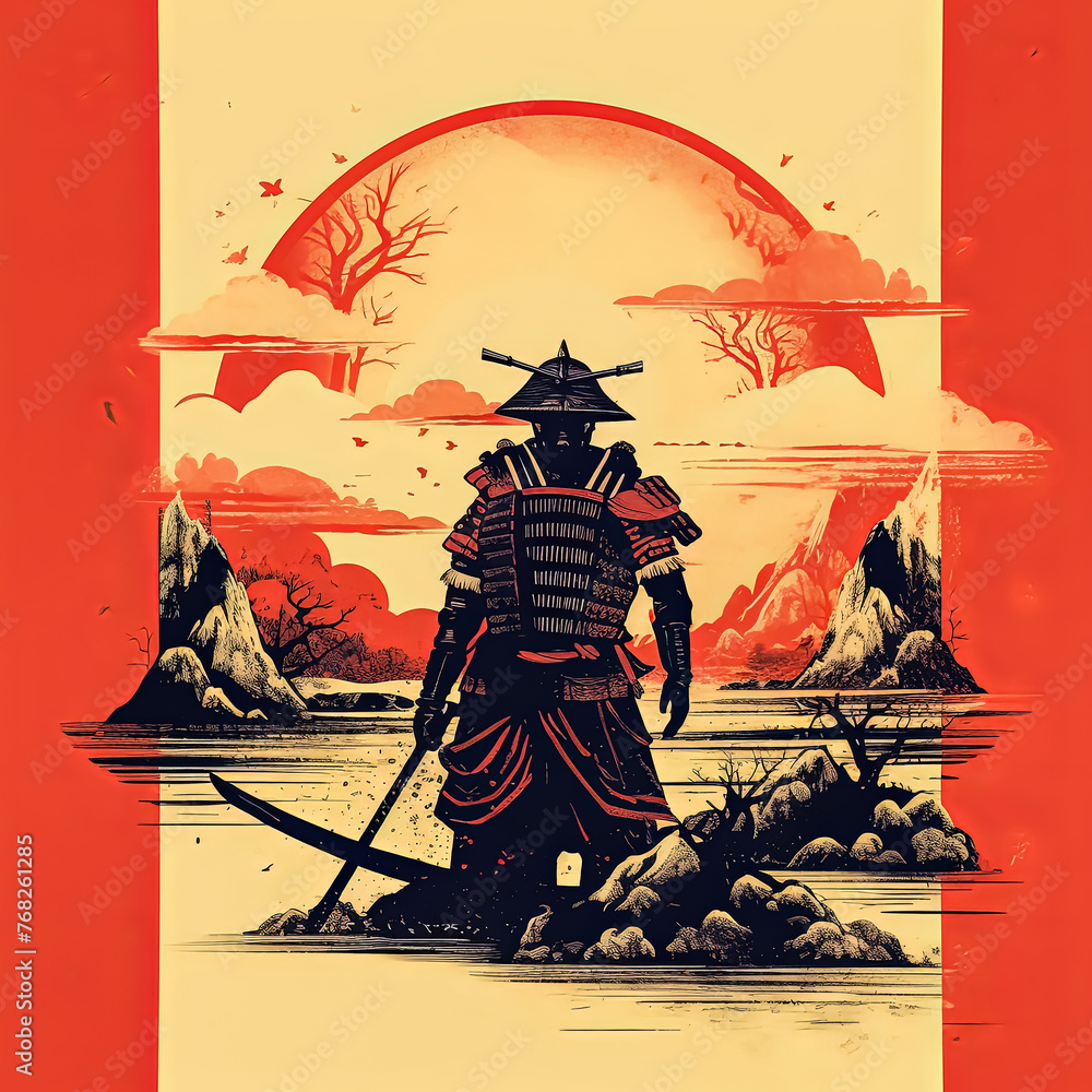 Poster a man in black is holding a sword and standing in front of a red circle.