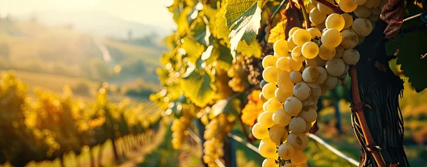 Poster Autumn harvest of white wine grapes in Tuscany vineyards near an Italian winery, web banner format © neirfy