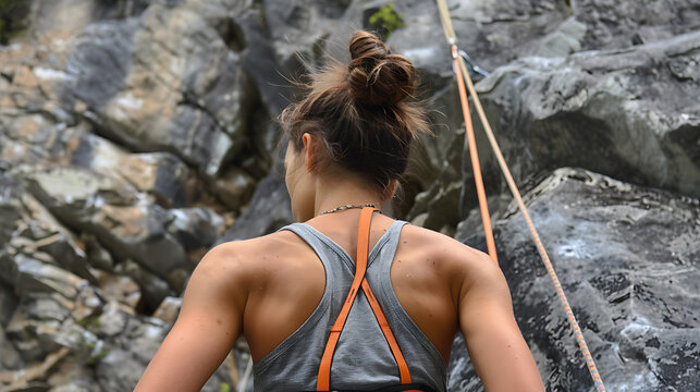 The image depicts a rock climber preparing to ascend a challenging rocky surface.