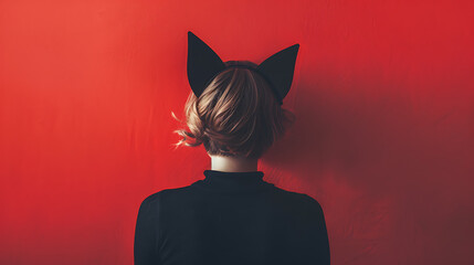 The image depicts a person wearing black cat ears against a vibrant red background.