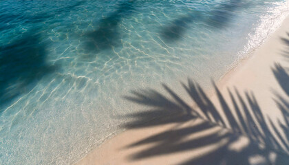 A palm tree is laying on the sand next to the ocean. The water is calm and the palm tree casts a...