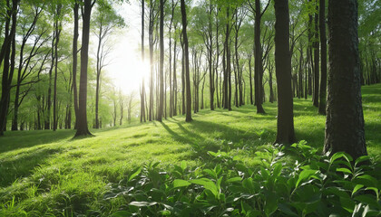 fresh greenery and sunlight filtering through trees
