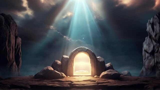 Easter resurrection background, with an empty stone tomb and light rays from the clouds generative ai 