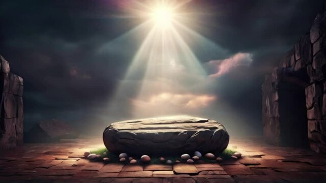 Easter resurrection background, with an empty stone tomb and light rays from the clouds generative ai 