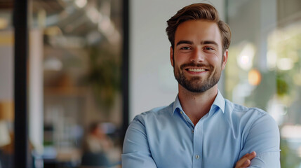 Obraz premium Portrait of a handsome young businessman smiling at the camera while standing in a cafe