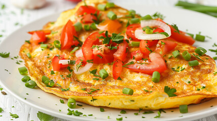 Omelet with tomatoes, onion and parsley on a plate