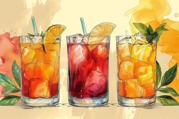 Drawing of exotic cocktails in continuous line