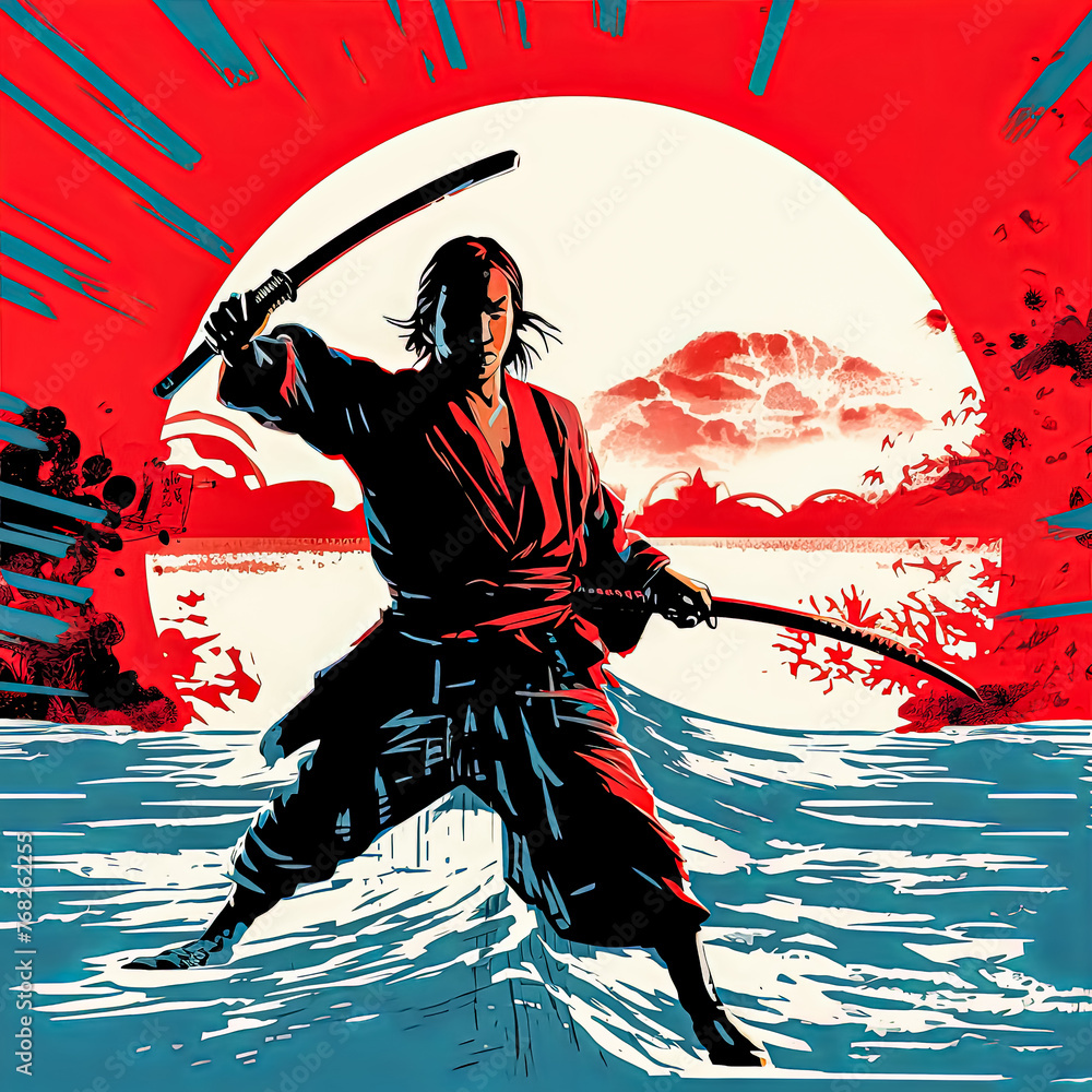 Poster a man in black is holding a sword and standing in front of a red circle.