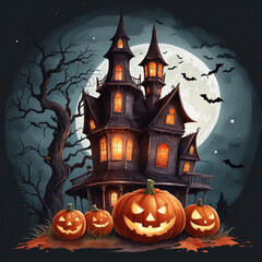 Fototapeta premium Halloween Red haunted house Spooky Night watercolor style isolated on Transparent background, Halloween dark house pumpkins
