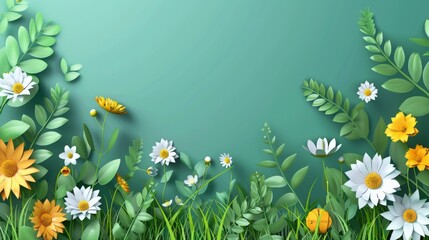 paper style, spring background, flowers, leaves, empty copy and text space in the middle, bright and warm colors, 16:9