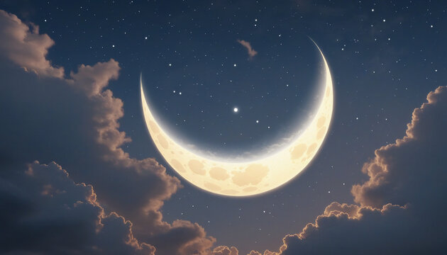 Illustration of crescent moon and clouds 