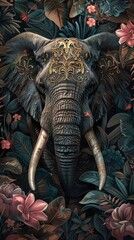 Fototapeta na wymiar Illustration of an elegant Elephant head with rich, dark colors and ornate patterns against the backdrop of lush floral motifs created with Generative AI Technology