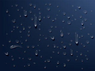Condensation water falls on glass background. Rain drops with light reflection on dark window surface, abstract wet texture, scattered pure aqua spots pattern.
