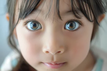 Schilderijen op glas Close-up of an Asian girl child with beautiful eyes and surprised face © Lewis