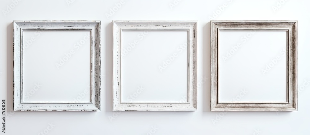 Aufkleber three rectangular white picture frames made of composite material are symmetrically hung on a white 