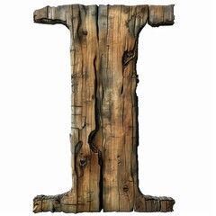Realistic 3D rendering of a rustic wooden letter I with natural wood grain texture. Isolated on a white background with knots and imperfections. Ideal for various design projects.