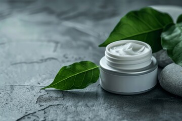 A serene and natural skincare setup, evoking feelings of calmness and rejuvenation. The green leaf adds a pop of freshness to the composition.