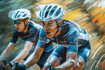 These two cyclists display perfect synchrony as they navigate through a demanding part of the race eloquently captured in the image