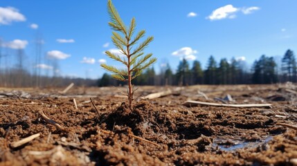 Fototapeta premium Captivating Image Depicting a Newly Planted Pine Tree on the Outskirts of an Open Field, Encompassed by Trees and Lush Grass, Clear Blue Sky Overhead, Freshly Ploughed Ground Nearby