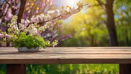 Spring beautiful background with green lush young foliage and flowering branches with an empty wooden table on nature outdoors in sunlight in garden.
