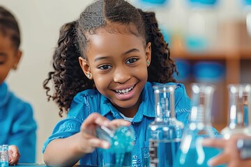 Smiling young girl with curly hair in a lab coat conducting a science experiment with blue liquid