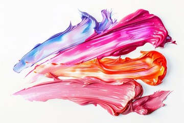 A high-angle view of a playful display of lipstick swipes in pastel hues on a pure white background. 