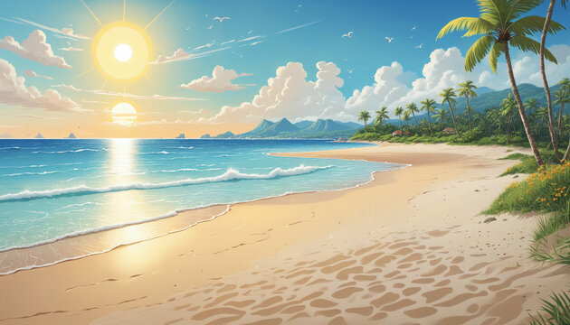 Sunny drawing of a paradise beach. Summer vacations. 