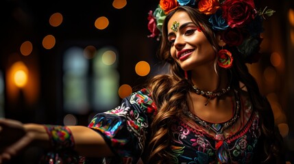 Fototapeta premium Beautiful girl in a traditional Mexican dress with bright patterns. Concept: Latin American culture in women's outfits