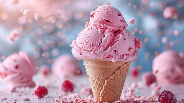 Strawberry pink ice cream in a waffle cone with flying berry ingredients, blue sky background