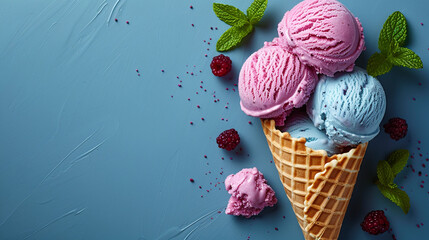 Ice cream with bubblegum flavor in a waffle cone with mint leaves on a blue background