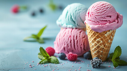 Ice cream with bubblegum flavor in a waffle cone with mint leaves on a blue background - obrazy, fototapety, plakaty