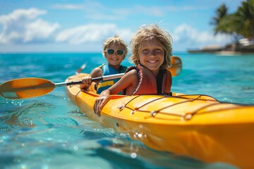 Two joyful children are kayaking in clear tropical waters with a scenic island backdrop, portraying adventure and happiness