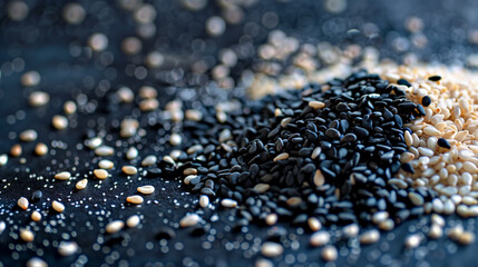 Scattered Black and White Sesame Seeds on Dark Background