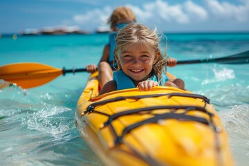 Obraz premium A young child with a big smile is seen on a kayak, paddling with an adult in clear turquoise waters